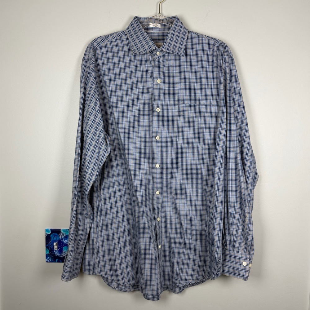 Peter Millar Blue Brown Plaid Long Sleeve Cotton LS Button Up Work Shirt Large